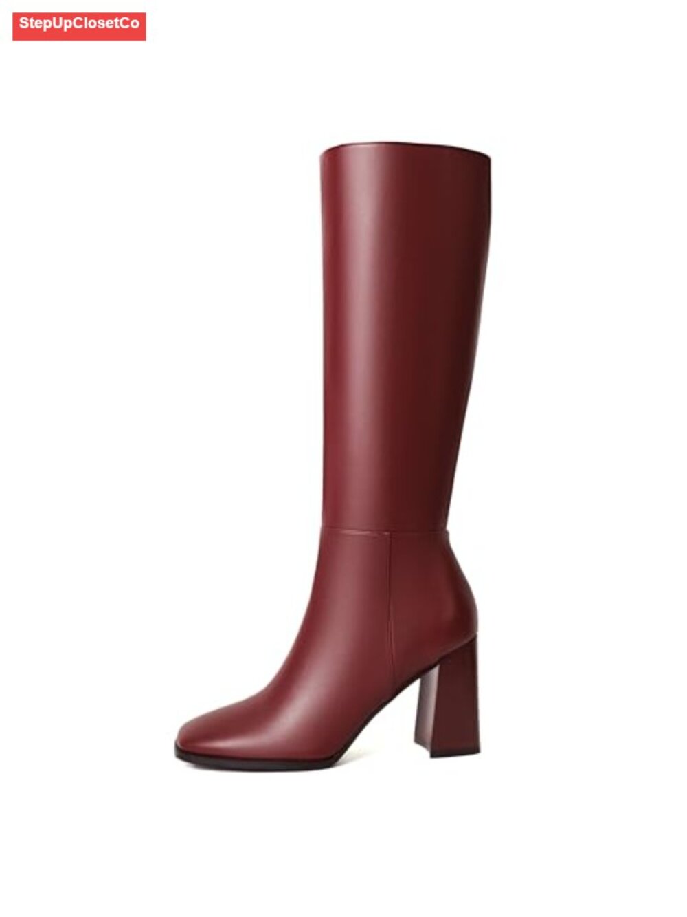 Square Toe Knee High Boots Faux Leather Chunky Block Heel Side Zip
